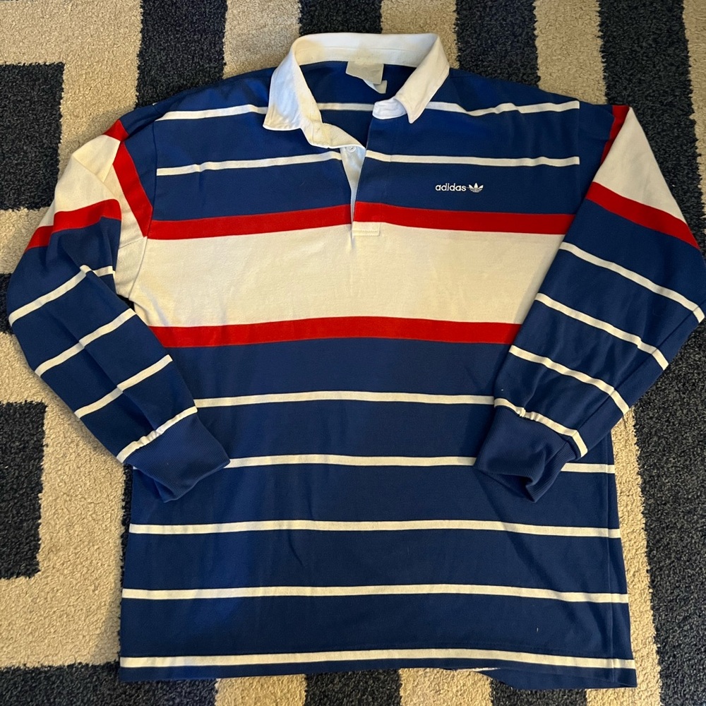 VINTAGE Adidas Rugby Polo Striped Stripes Blue Red White Longsleeve Large RARE